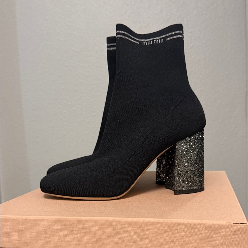 Miu Miu Black Heeled Boots with Glitter Block Heel